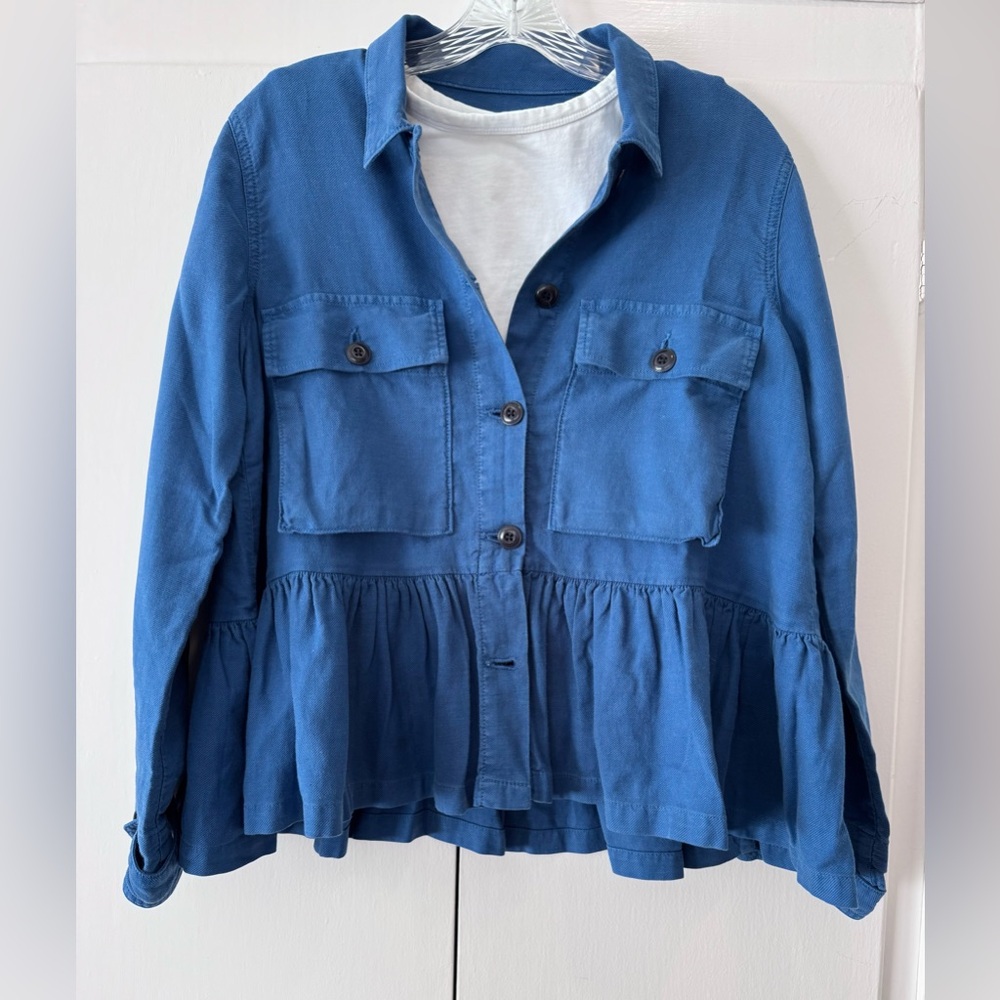 THE GREAT. Blue Utility Jacket ruffle hem jacket - small - size 1